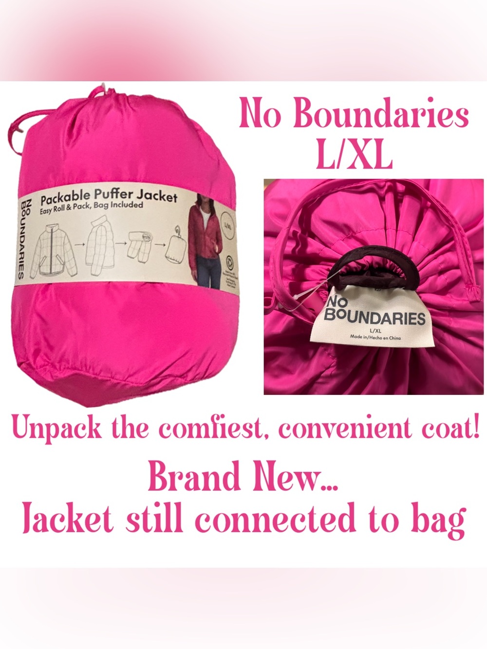 No Boundaries Women’s L / XL  Lightweight Packable Puffer Jacket - Hot Pink